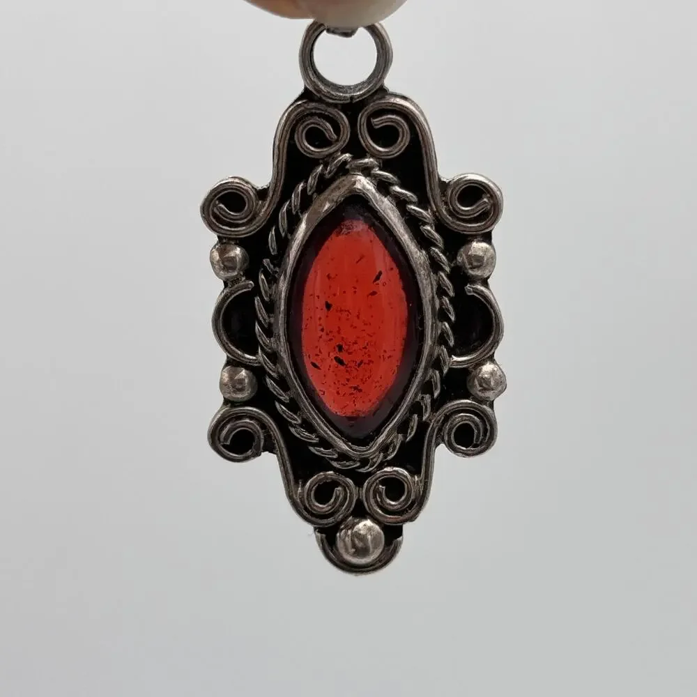 Sterling Silver Mexico Jewelry Set Earrings Pendant Filigree Cabochon Vintage - Picture 7 of 13